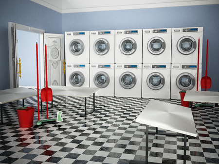 Laundry room with a large of washing machines and tumble dryers. 3D illustration.の写真素材