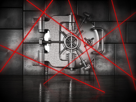 Red laser beams on bank vault door under heavy protection. 3D illustration.の写真素材