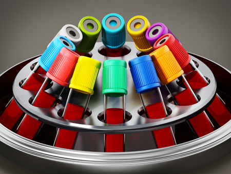 Blood centrifuge machine with test tubes full of blood samples. 3D illustration.の写真素材