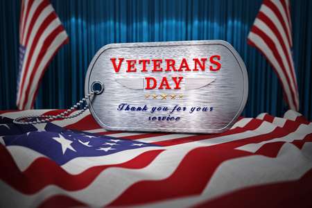 Veterans Day dogtag standing on American flag. 3D illustration.の写真素材