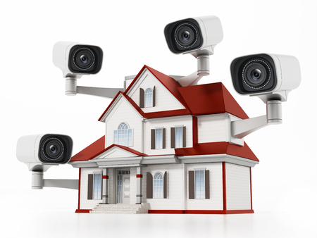 House protected with CCTV surveillance cameras. 3D illustration.の写真素材