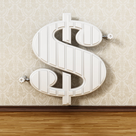 Dollar shaped radiator hanging on the wall. 3D illustration.