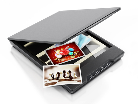 Photos being scanned inside modern scanner. 3D illustration.の写真素材
