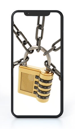 Padlock and chain on smartphone screen. 3D illustration.の写真素材