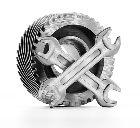 Cogwheel and wrenches isolated on white background. 3D illustration.の写真素材