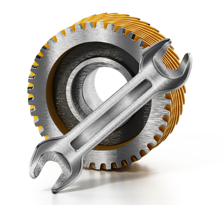 Cogwheel and wrench isolated on white background. 3D illustration.の写真素材