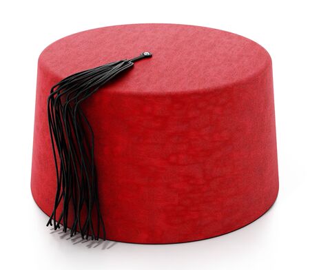 Red fez hat with black tassel. 3D illustration.の写真素材