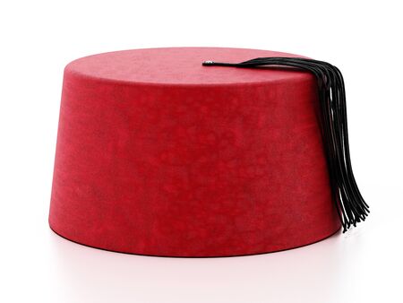 Red fez hat with black tassel. 3D illustration.の写真素材