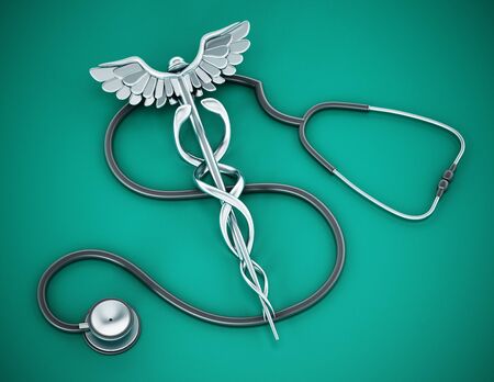 Stethoscope and caduceus icon forming dollar shape. 3D illustration.の写真素材