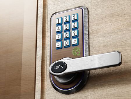 Digital security keypad and knob on door. 3D illustration.の写真素材