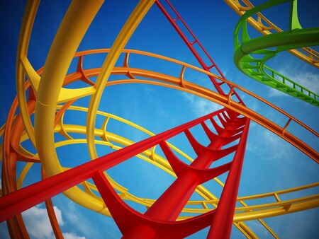 Curvy roller coaster rails in the sky. 3D illustration.の写真素材