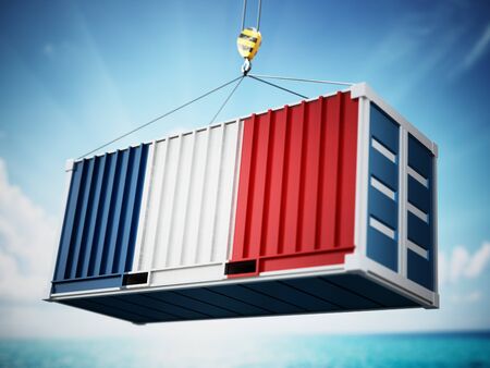Cargo container with flag of France against blue sky. 3D illustration.の写真素材