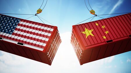 Trade wars concept with American and Chinese flag textured cargo containers clashing. 3D illustration.の写真素材