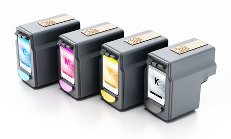 Generic inkjet printer CMYK cartridges isolated on white background. 3D illustration.の写真素材