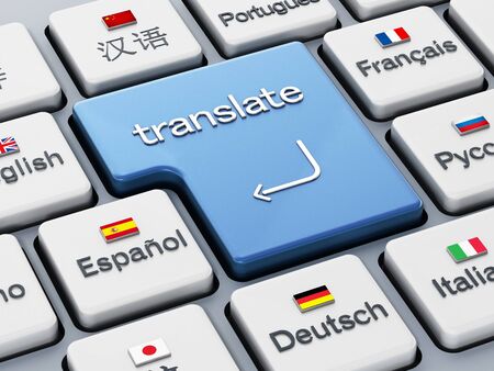 Translate word on enter key in a keyboard with country flags. 3D illustration.の写真素材