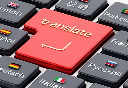 Translate word on enter key in a keyboard with country flags. 3D illustration.の写真素材