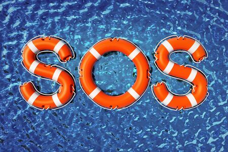 SOS word formed with life buoys on the sea. 3D illustration.の写真素材