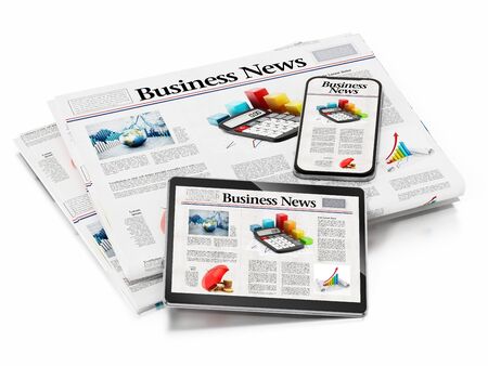 Business newspaper, smartphone and tablet PC isolated on white background. 3D illustration.の写真素材