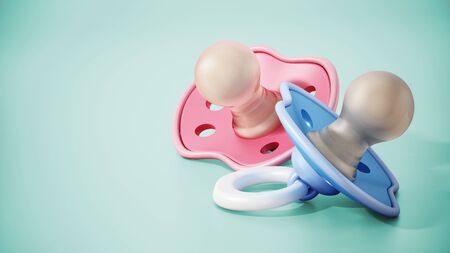 Pacifiers standing on green background. 3D illustration.