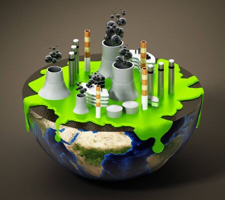 Nuclear plant with smoking chimneys and green waste on half earth. 3D illustration.