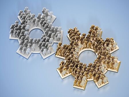 3D figures standing on connected gears. 3D illustration.
