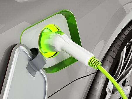 Plug-in hybrid or electric car being recharged. 3D illustration.