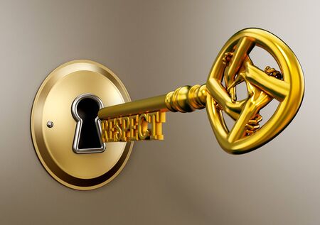 Respect key with holding hands entering keyhole. 3D illustration.の写真素材