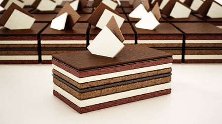 Chocolate cake slices with multiple layers. 3D illustration.の写真素材