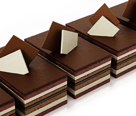 Chocolate cake slices with multiple layers. 3D illustration.の写真素材