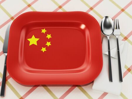 Chinese cuisine concept with chinese flag textured serving plate. 3D illustration.の写真素材