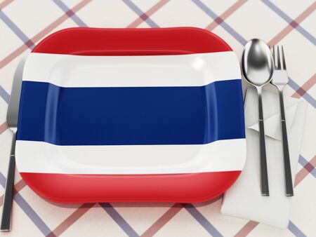 Thai cuisine concept with Thai flag textured serving plate. 3D illustration.の写真素材