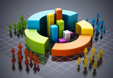 Colored people silhouettes around charts. 3D illustration.の写真素材