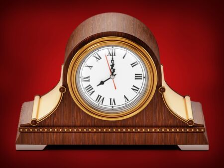 Antique chimney clock isolated on red background. 3D illustration.