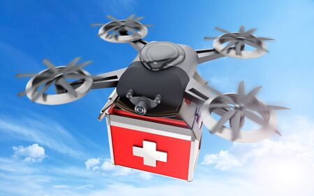 Drone carrying metal case medicine box. 3D illustration.の写真素材