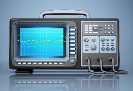 Oscilloscope standing on blue background. 3D illustration.の写真素材
