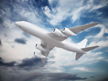 Airplane in the cloudy sky. 3D illustration.の写真素材