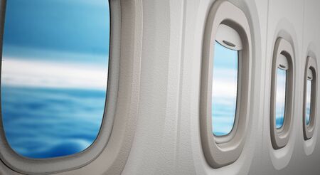 Airplane windows looking through the clouds. 3D illustration.