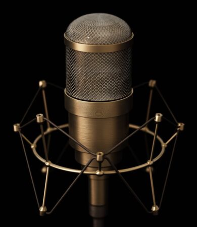Vintage brass microphone isolated on black background. 3D illustration.の写真素材