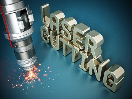 Laser cutter with sparks on laser cutting text. 3D illustration.の写真素材