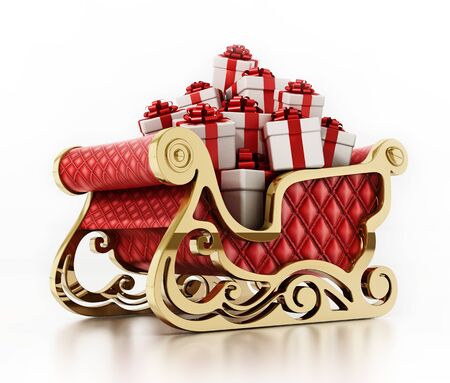 Santa's sleigh loaded with giftboxes isolated on white background. 3D illustration.の写真素材