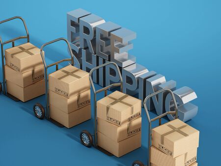 Hand transport trucks and free shipping text. 3D illustration.の写真素材