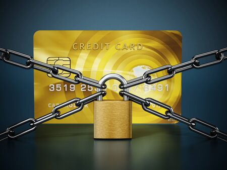 Chained and locked generic credit card. 3D illustration.の写真素材