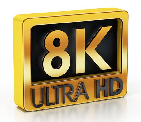 Gold 8K Ultra HD label isolated on white background. 3D illustration.の写真素材