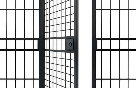 Prison cell with open door and old dirty walls. 3D illustration.
