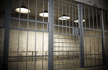 Prison cell with closed door and old dirty walls. 3D illustration.の写真素材
