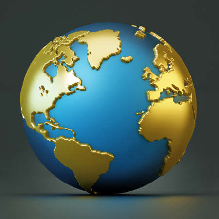 Blue and gold colored globe isolated on black. 3D illustration.