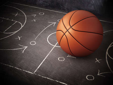 Basketball standing on game strategy blackboard. 3D illustration.の写真素材