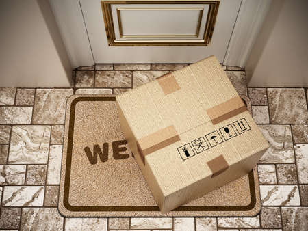 Cargo box standing on doormat. 3D illustration.