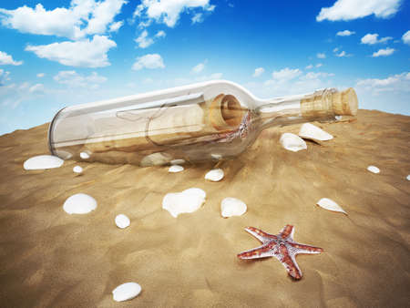 Message in a bottle standing on the beach sand. 3D illustration.の写真素材