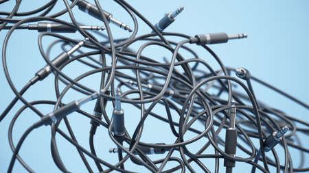 Abstract background with tangled audio cables with jacks. 3D illustration.